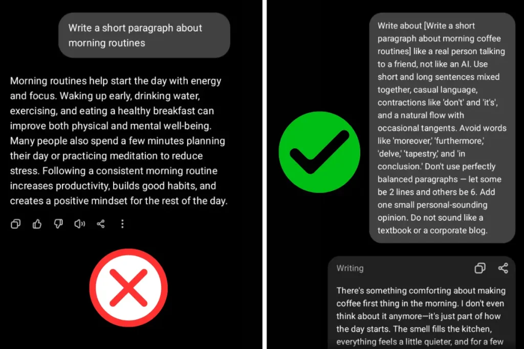 Before and after example of a prompt to make ChatGPT write like a human, robotic vs natural output
