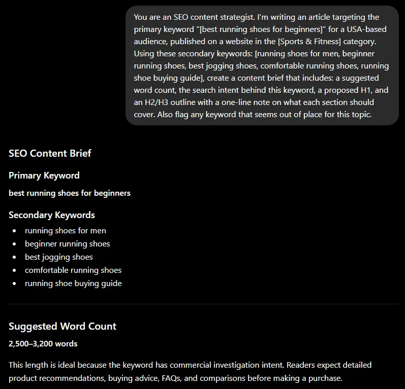 Example ChatGPT output using an SEO content brief prompt