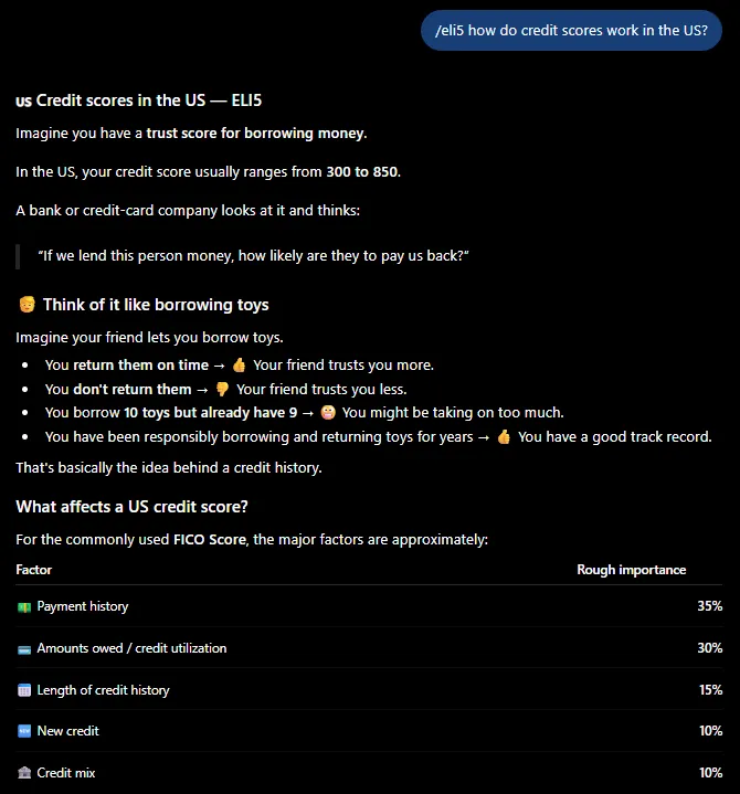 ChatGPT /eli5 code example: simple explanation of how credit scores work with a table and example