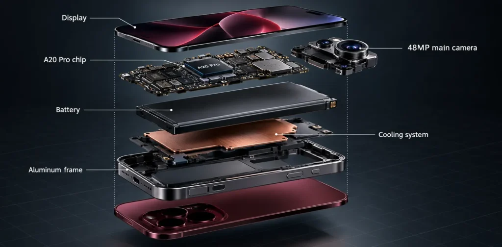ChatGPT /explode prompt example: exploded-view illustration of a smartphone showing display, A20 Pro chip, camera, battery, cooling and frame