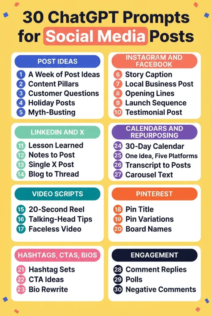 List of 30 ChatGPT prompts for social media posts grouped into post ideas, Instagram, Facebook, LinkedIn, X, video scripts, Pinterest, hashtags, calendars and engagement