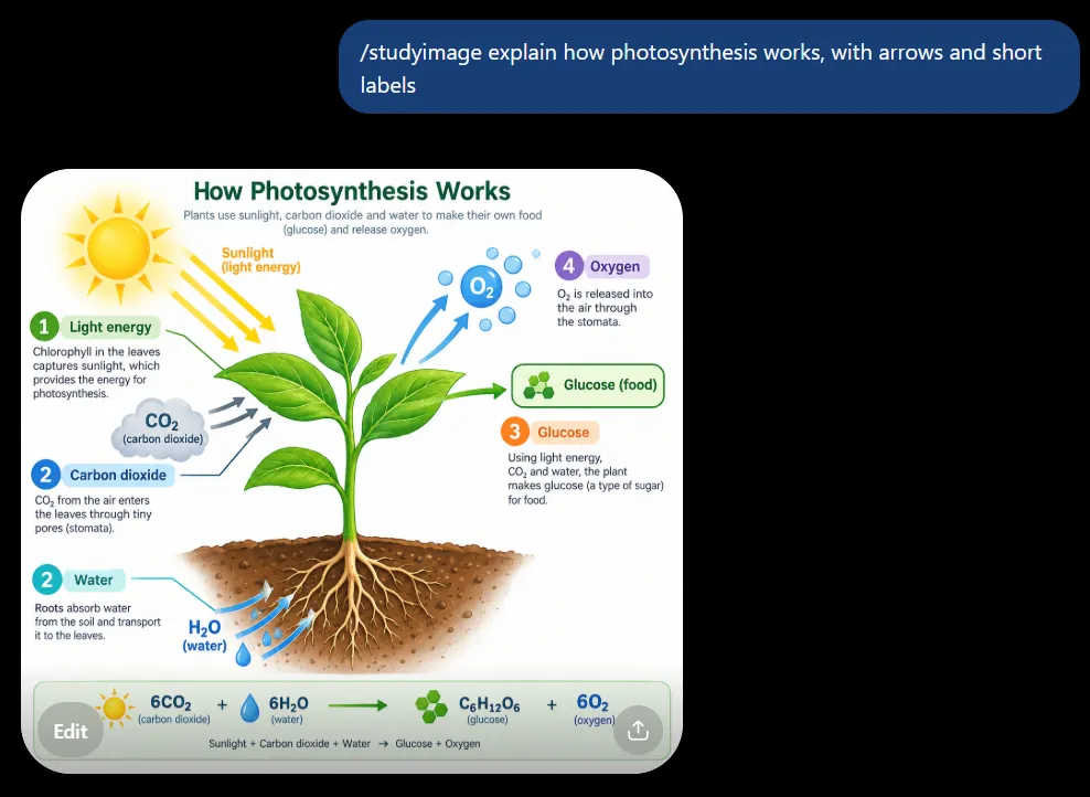 ChatGPT /studyimage code example: photosynthesis diagram with arrows and short labels explaining how plants make food