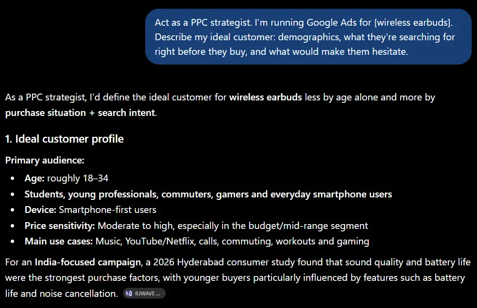 AI-generated customer persona for a Google Ads campaign