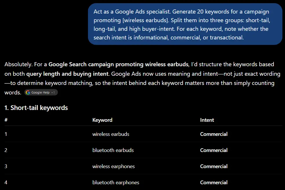 Example of ChatGPT generating Google Ads keywords by search intent